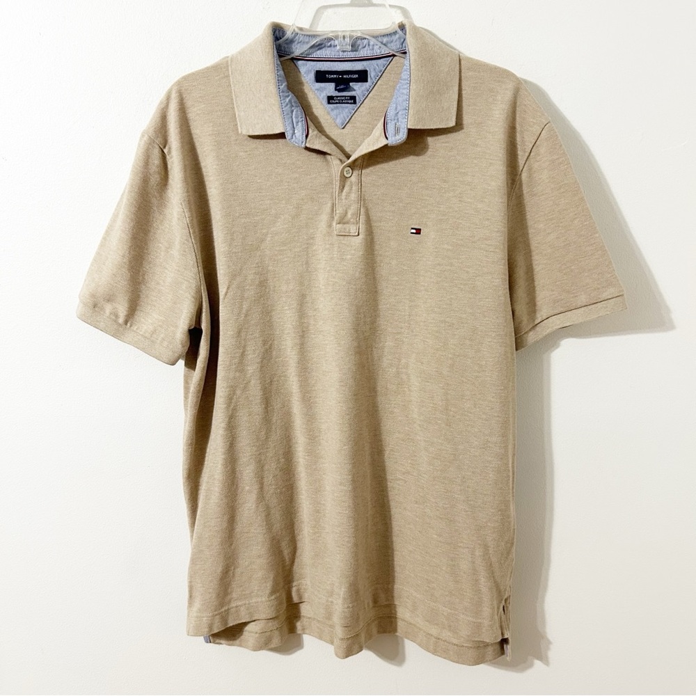 Tommy Hilfiger Classic Fit Short-Sleeve Polo Shirt Khaki Tan Polo Collar Button